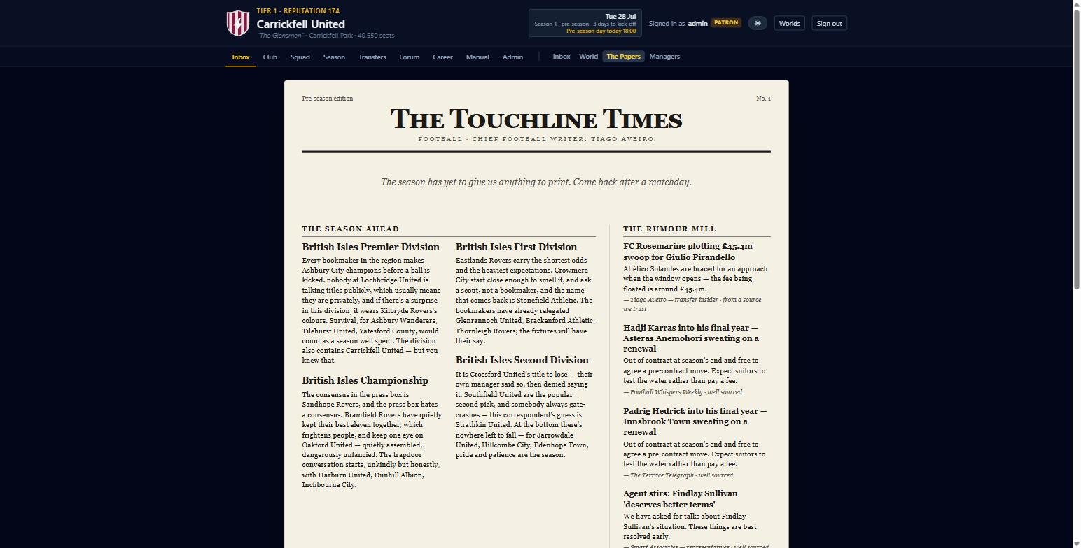 The Touchline Times — Title Race Manager's in-game newspaper